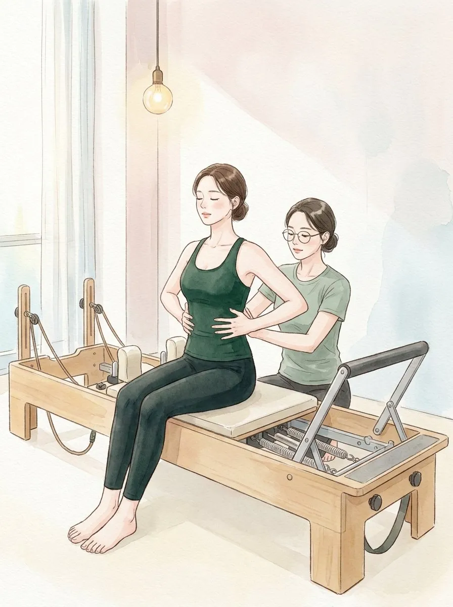 리포머에 앉은 회원의 갈비뼈에 강사가 손을 얹어 호흡을 안내하는 수채화